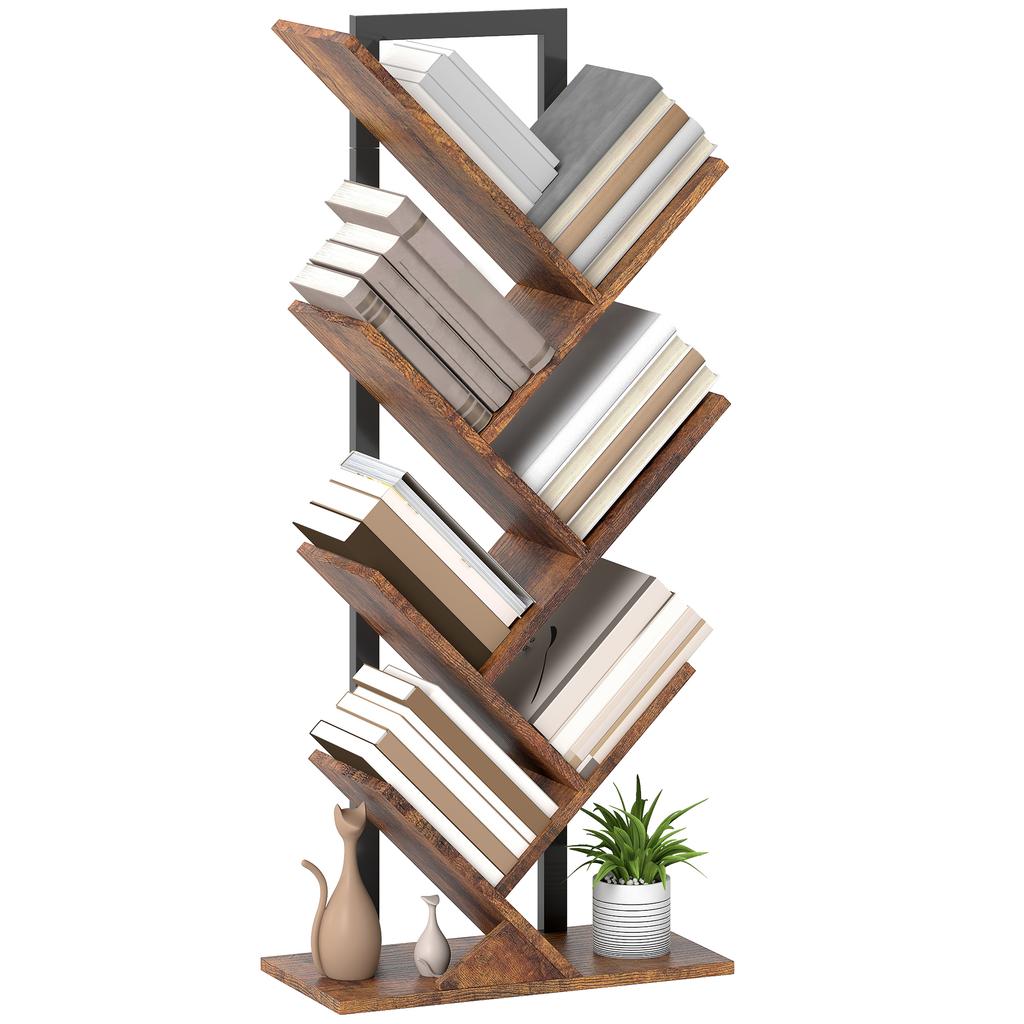 Bookshelf Standing Shelf with 7 Tiers Narrow Tree-Shaped Shelf for Office, Rustic Brown