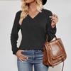 Женская мода однотонный длинный рукав V-образный вырез повседневный пуловер футболка топ
