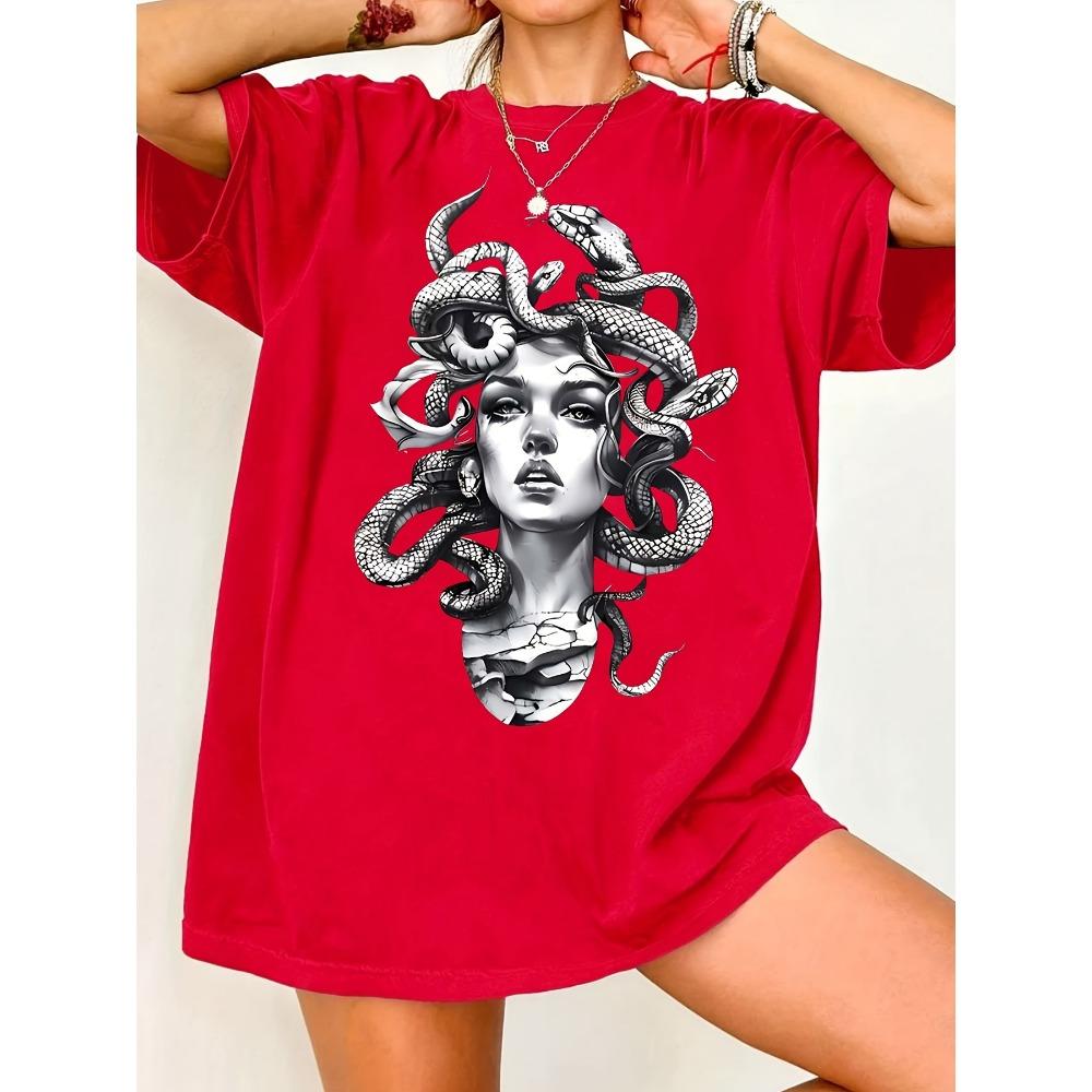 Винтажная женская черно-белая футболка с графическим принтом Медузы Мужская футболка Стритвир Модный Оверсайз Свободный Топ