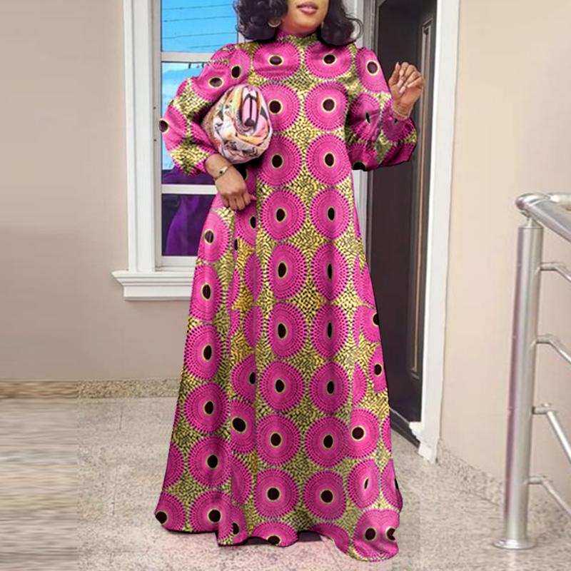 Женское повседневное свободное платье больших размеров с воротником-стойкой и длинными рукавами с принтом