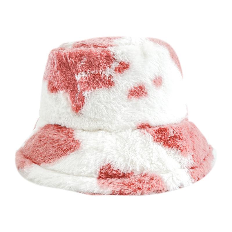 Autumn and Winter Hat Female Sweet Cute Cow Plush Bucket Hat Big Head Circumference Warm Thickened Plush Basin Hat Bucket Hat