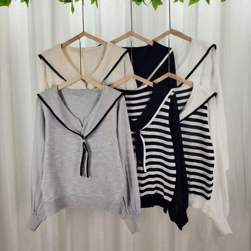Polo Collar Fake Two Long-sleeved Knitted Sweaters for Women's Autumn and Winter New Design Sense, Niche Patchwork Shirt Short Top