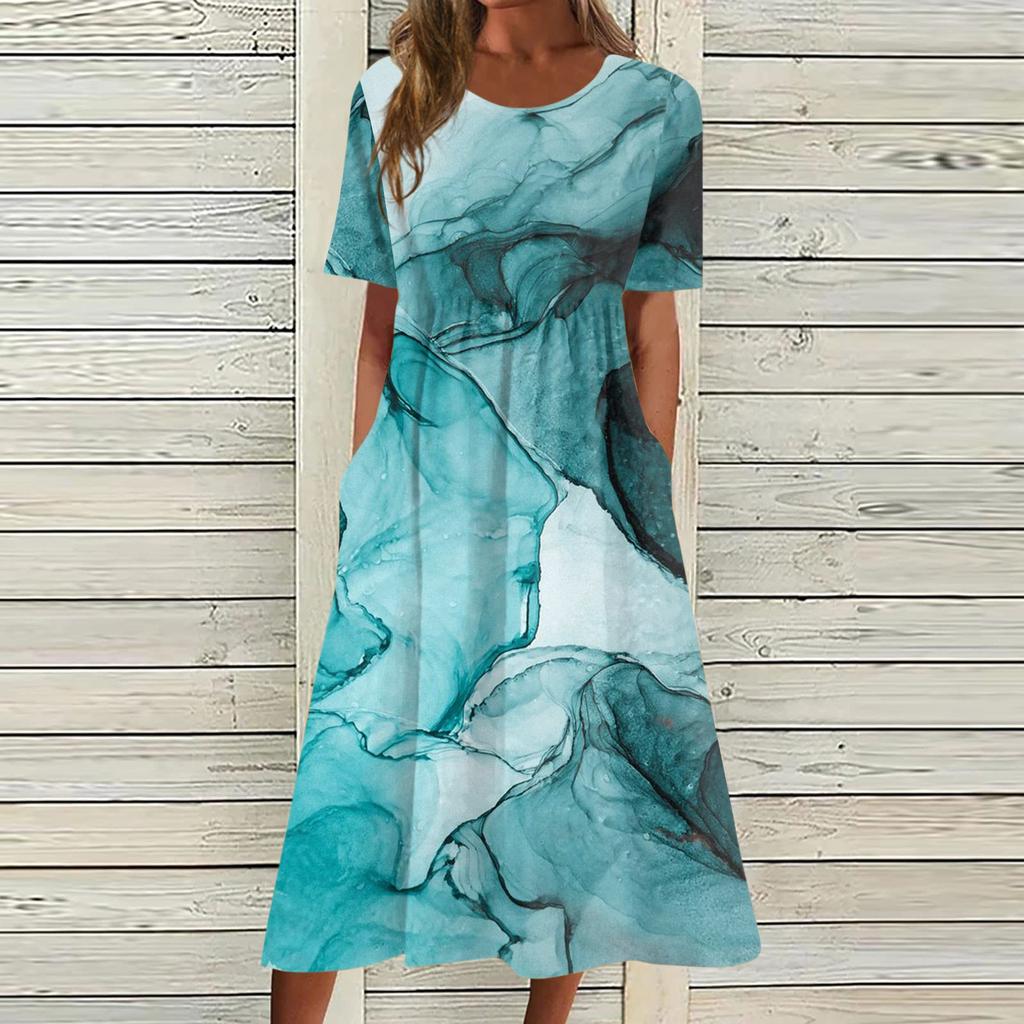 Жен. Повседневные платья Платья с принтами Летние платья С принтами Плиссированные платья-миди с круглым вырезом Классический Классический На открытом воздухе Повседневные С короткими рукавами Свободные платья