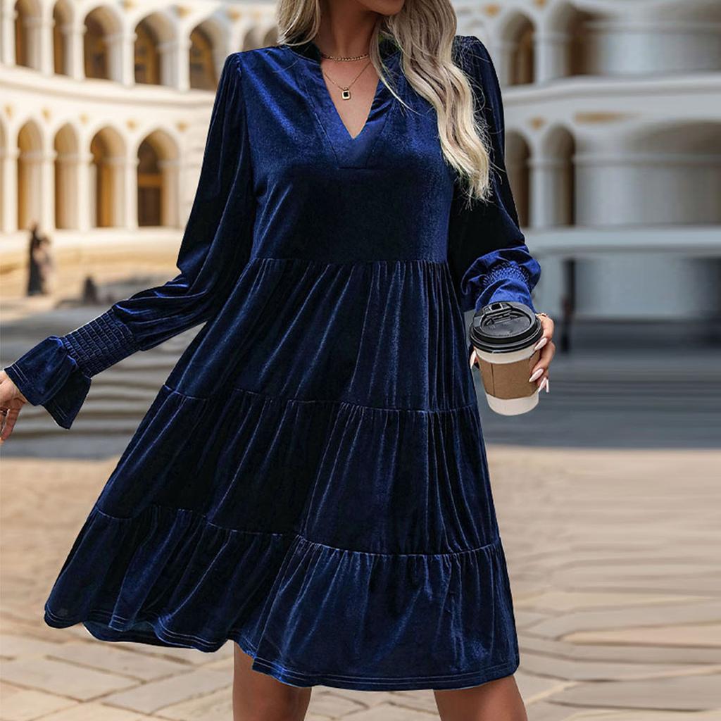 Женское бархатное платье с V-образным вырезом и длинными рукавами, однотонное