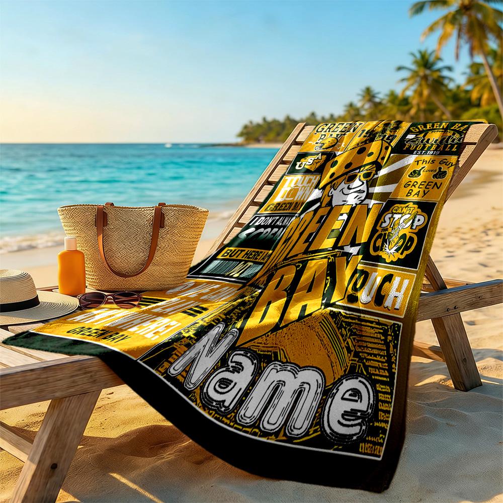 Green Bay Packers Fan Gear Customizable Name Beach Towel High Absorbency & Quick-Dry Suitable for Swimming Gym Camping Yoga Vacation