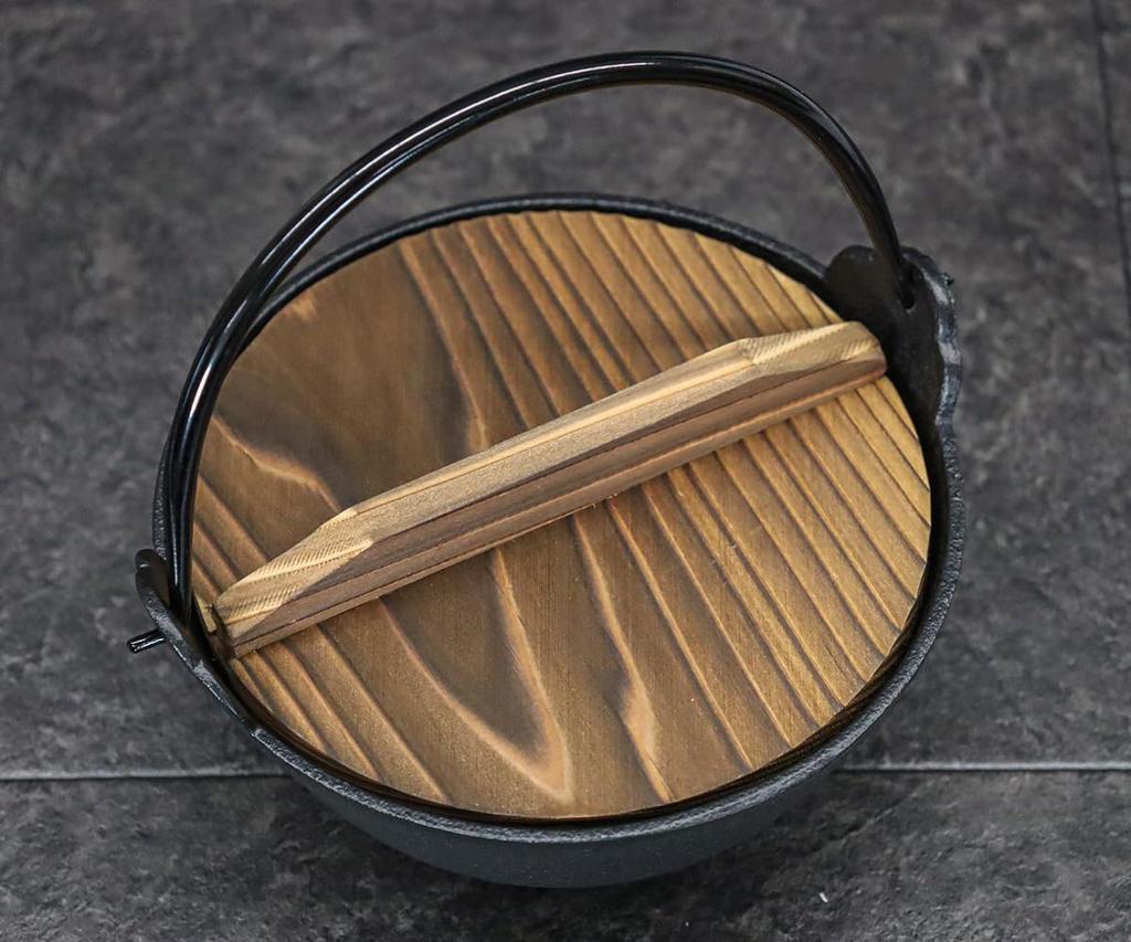 Asahi Nanbu Iron Irori Внешний диаметр 1 с деревянной крышкой, коммерческое использование, горшок, 15 см, лоза, (совместимый с газом/IH),