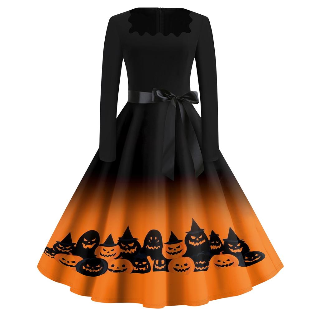 Women’s Casual Vintage Square Neck Dress with Halloween Themed Print Long Sleeve Fit and Flare for Seasonal Wear
