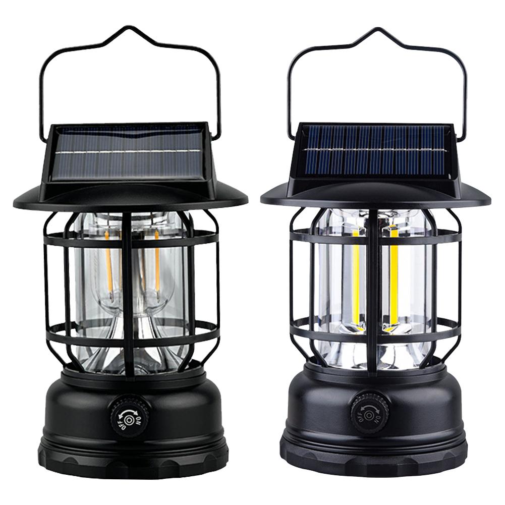 Solar Powered Outdoor Camping Lantern with Knob Portable Tent Light Dimmable Hanging Retro Lantern for Hiking Emergency