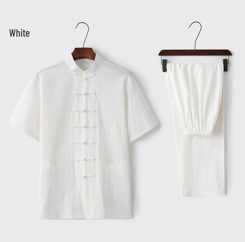 Мужской летний костюм для тай-чи из хлопка и льна – Комплект костюма тан с коротким рукавом