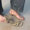 Sheepskin Version Retro Leather Square Head Open-toed High Heels Simple Temperament Elegant Word Sandals Women's