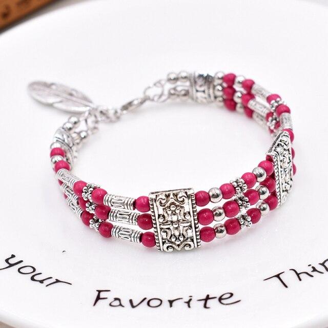 Bohemian Vintage Natural Stone Turquoises Feather Charm Bracelet For Women National Handmade Round Beads Carved Boho Bracelet