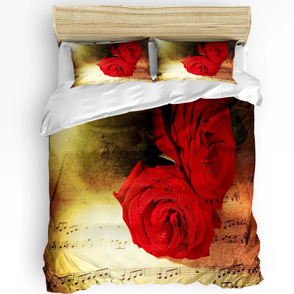 Piano Music Red Rose Flower Bedding Set 3pcs Duvet Cover Pillowcase Kids Adult Quilt Cover Double Bed Set Home Textile
