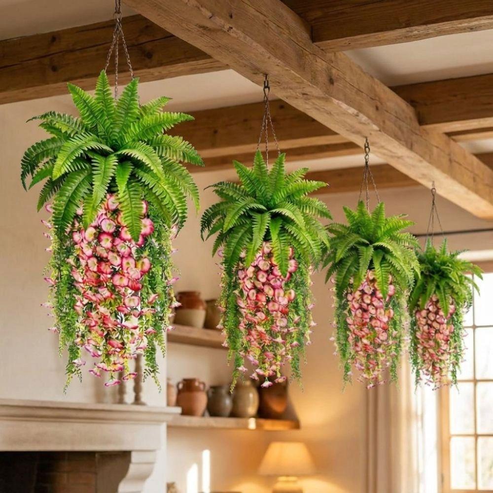 UV Resistant Morning Glory Boston Fern Hanging Vine Artificial Persian Fern Leafs Vine Home Decor