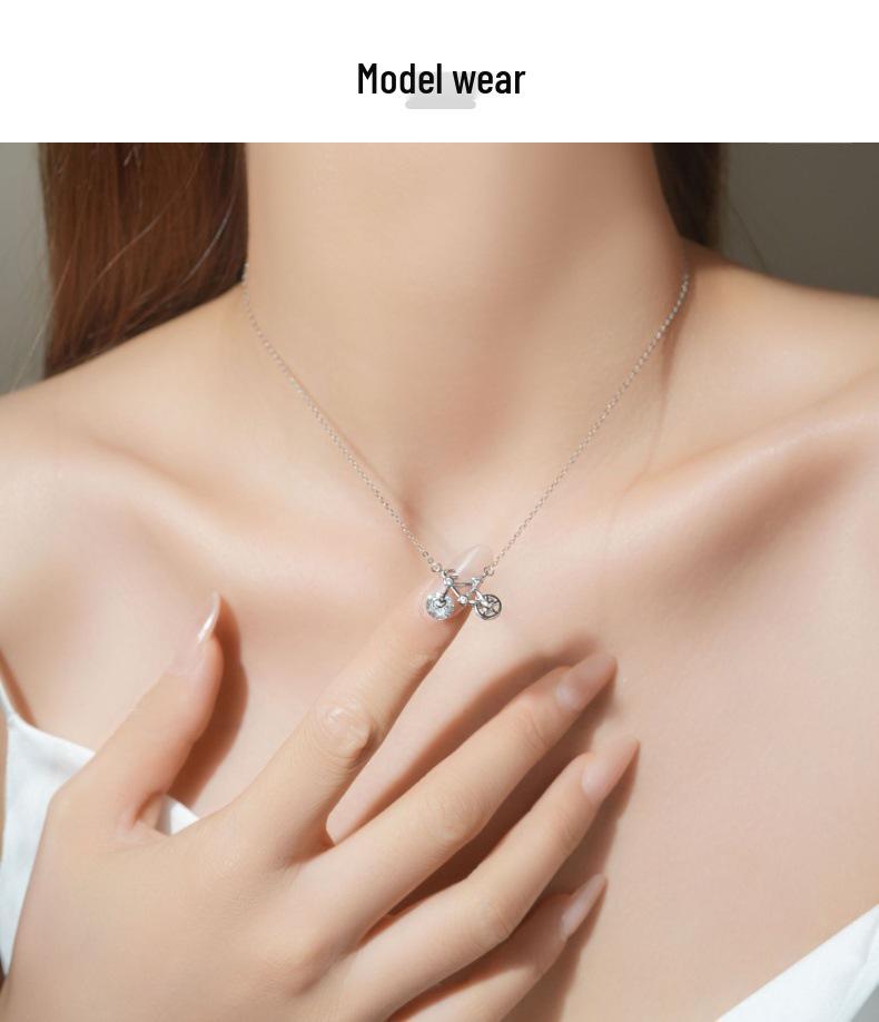 Lively Bicycle S925 Sterling Silver Necklace: Exquisite, Cute, Light Luxury with Bling Zircon Clavicle Chain for Women