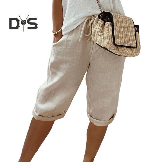 Повседневные брюки с карманами, дышащие, с эластичной резинкой на талии, однотонные, в винтажном стиле, свободные брюки до колена с завязками для женщин