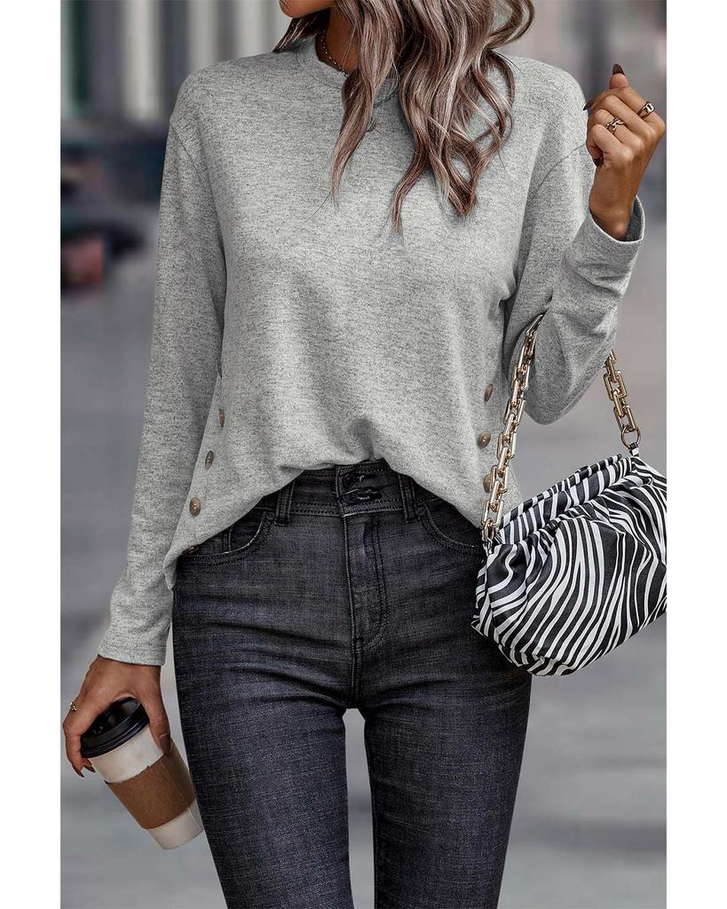 Azura Exchange Gray Side Buttons Crew Neck Knit Top