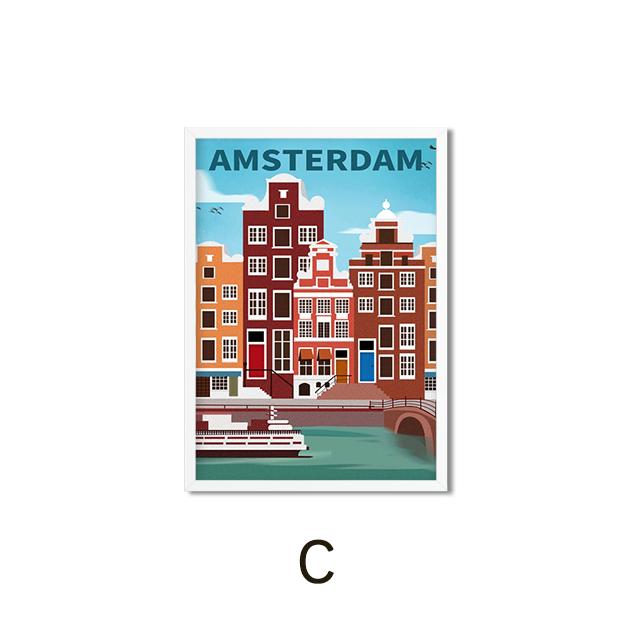 Cartoon Port Travel City Poster Paris Chicago London Landscape Canvas Painting Anime Illustration Wall Art Pictures Home Decor No Frame