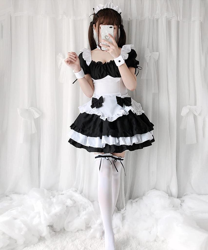 Maid Costume Cosplay Puff Mini Light Black and White Black and White [Milky Time] Dress, Sleeves, Length, Blue, (Includes Ribbon)