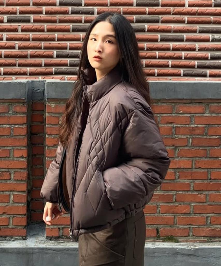 SECONDMONO W. Стеганый укороченный пуховый джемпер в ромбовидную клетку [Коричневый]_Sewjp001Brown