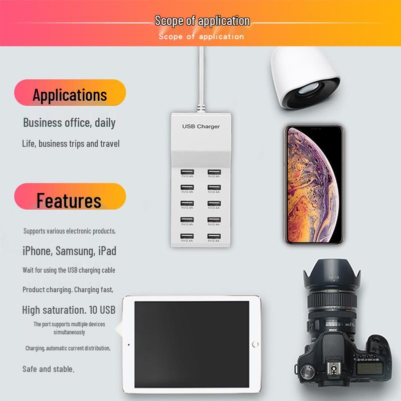 10-портовый USB сетевой фильтр-зарядное устройство: Быстрая умная зарядка 5В/2А для телефонов Huawei, Apple, Xiaomi