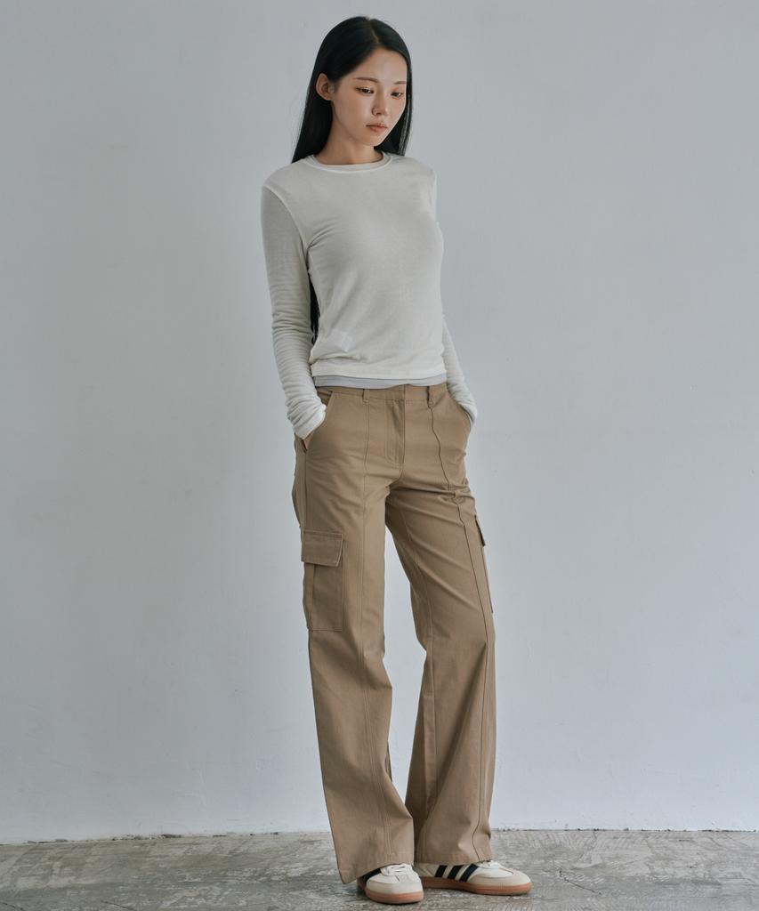 WAARFORWOMAN W1156 Прямые брюки-карго с вырезами_Бежевый