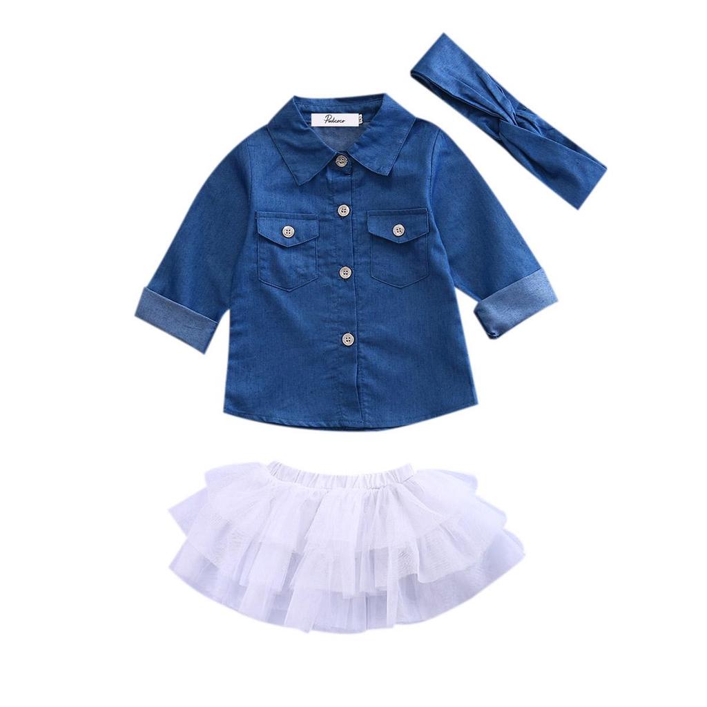 Kids Baby Girl Denim Shirt Clothes+Lace Tulle Skirts Dress Headband Outfits Set