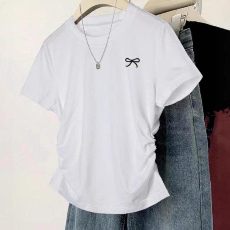 Korean Version Summer T-shirt Slim Fit Plus Size Waist Cinching Top New Shoulder Short Sleeved Slimming Effect Versatile Chubby