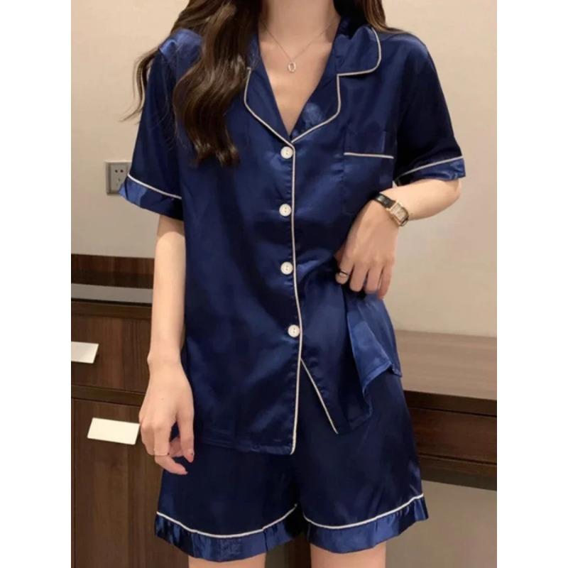 Женский однотонный пижамный комплект, летние пижамные комплекты из французского искусственного шелка и атласа, комплект из двух предметов, удобная домашняя пижама для женщин