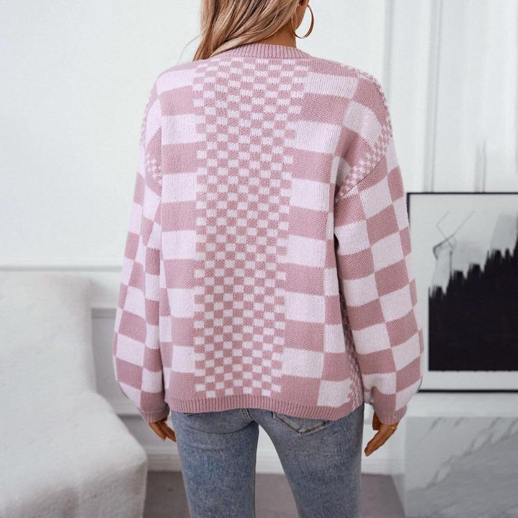 Vintage Print V Neck Loose Knitwear Cardigan Long Sleeve Sweater Top for Autumn Winter