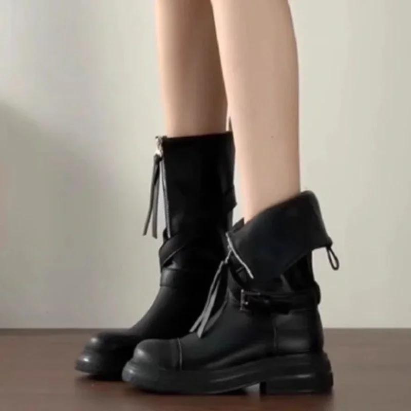 2024 Новые модные однотонные удобные высокие сапоги с пряжкой и декоративной молнией зимние теплые женские сапоги с круглым носком Zapatos