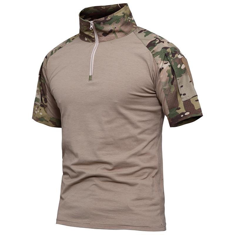 Летняя военная тактическая рубашка с коротким рукавом, мужская дышащая хлопковая армейская форма на молнии 1/4, боевая футболка