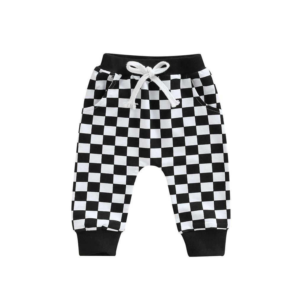 Toddlers Casual Long Pants 6M 12M 18M 24M 3Y Fashion Checkerboard Printed Tie-up Mid-waist Trousers with Pockets