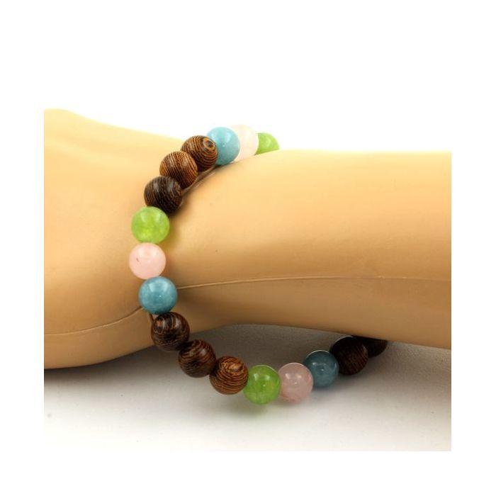 Pierres et Minéraux. Bracelet Perles Quartz rose + Péridot + Aigue-Marine + bois 8 mm. Fabriqué en France.
