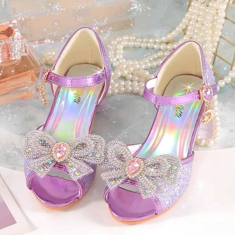 Summer Girls Sandals With Heel Fashion Rhinestone Shiny Glitter Shoes Children Princess Bowtie Pearl Dancing Shoe