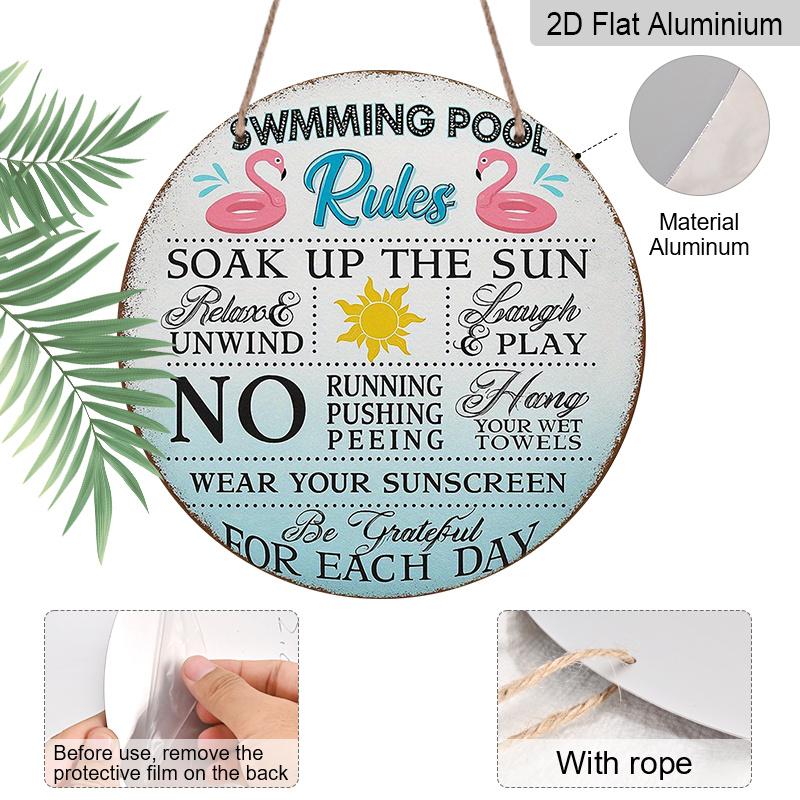 2D Flat, 1pc 7.87x7.87 Inch Round French Aluminum Sign, Vintage Decorative Plaque for "Pool Rules", "Pool Reminder" Decorative Sign, Suitable for