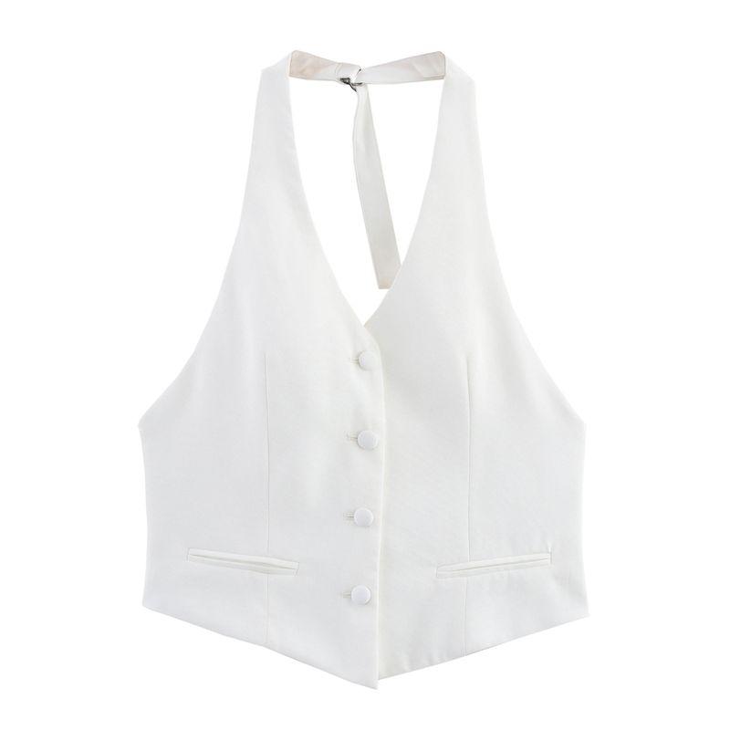 Kaslead New Women Clothes Western Style Fashion Simple and Versatile White Backless Hanging Neck Top
