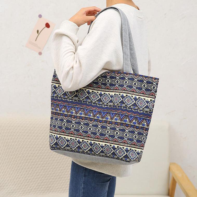 WTEMPO Double-sided Printed Women's Single Shoulder Bags Large Capacity Handbags Large Ethnic Style Leisure Shopping Tote Bags