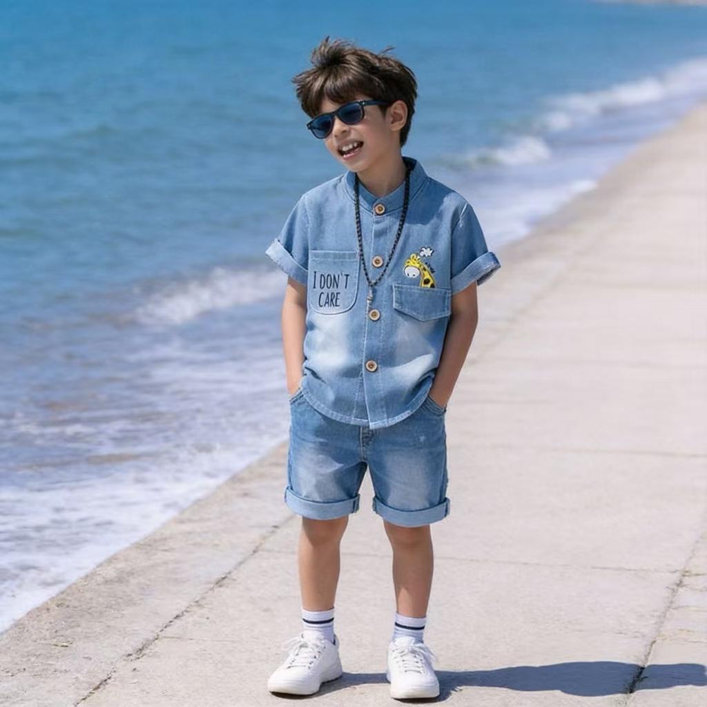 Boys Clothing Sets Summer Cartoon Deer Print Children Denim Short Sleeve Shirt And Shorts Two Piece Casual Outfit For Kids