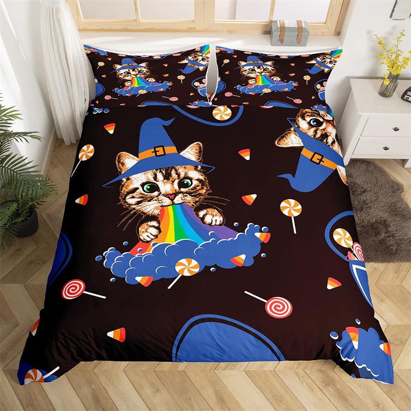 Cute Halloween Cat Duvet Cover Mystery Castle Bedding Collection For Kids Teen Microfiber Misty Forest Bat Quilt Cover Queen Bedclothes