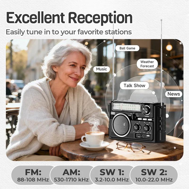 AM FM SW Радио Портативный прием с двойной антенной, Солнечная перезаряжаемая батарея 1800 мАч Bluethooth музыкальный плеер для улицы