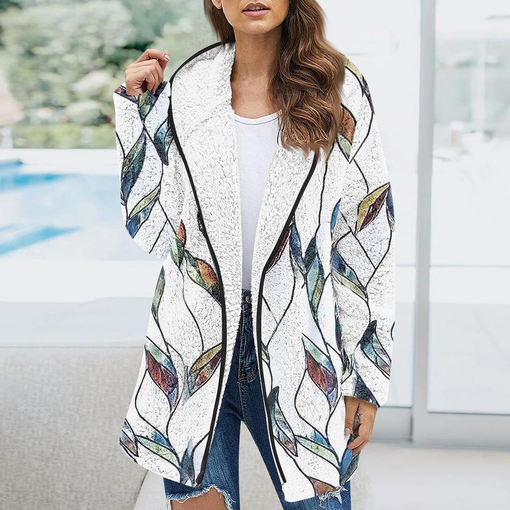 Женская модная зимняя плюшевая куртка с цветочным принтом и длинными рукавами