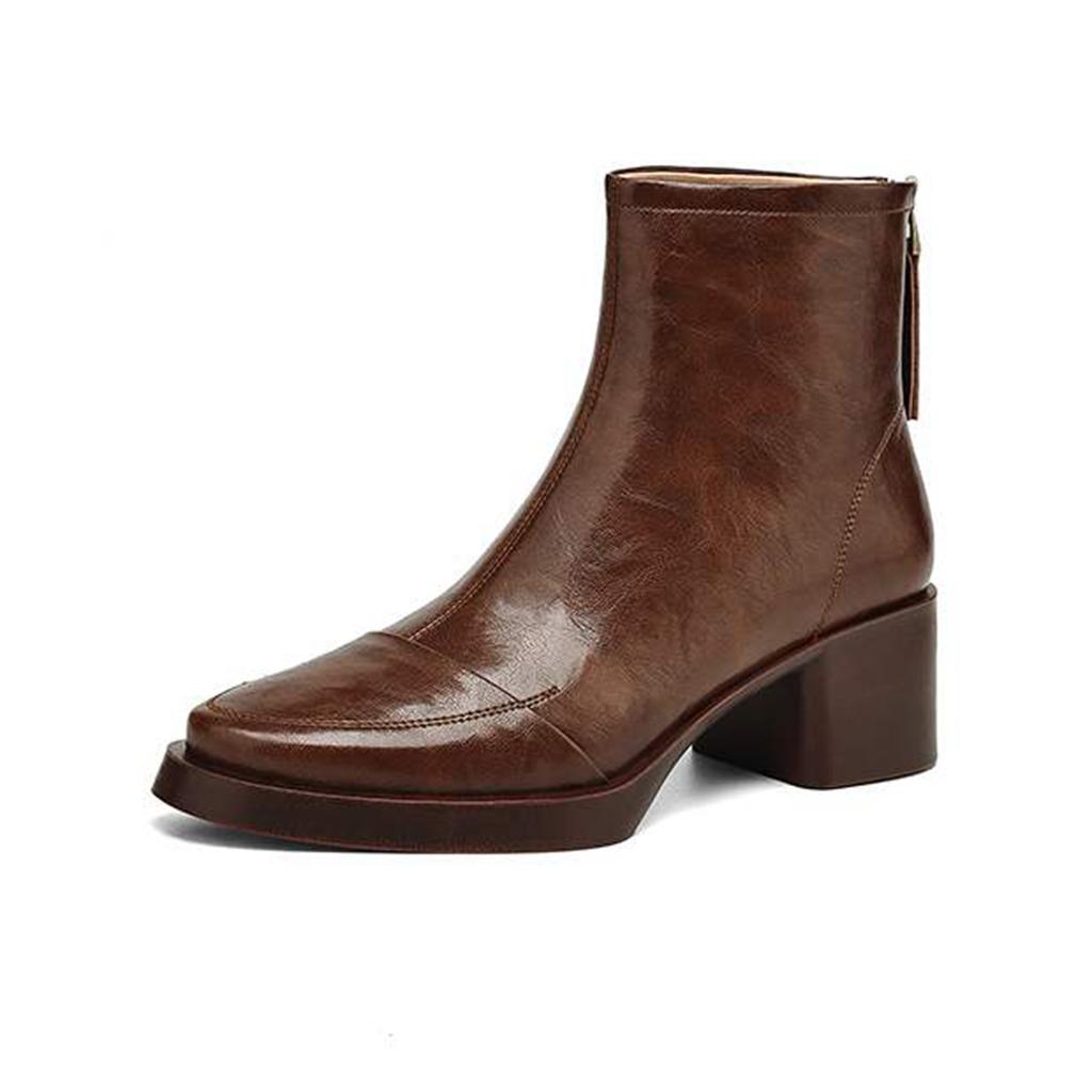 Krazing Pot Cow Skin Winter Round Toe Chunky Heels Fashion Boots Women Zipper Retro Elegant Women Ankle Boots