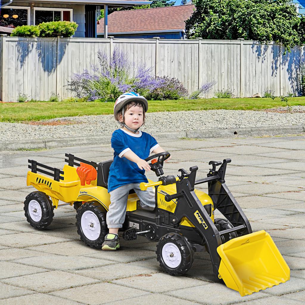 Pedal Backhoe Tractor with Trailer, Shovel and Rake, for Ages 3+, Yellow and Black