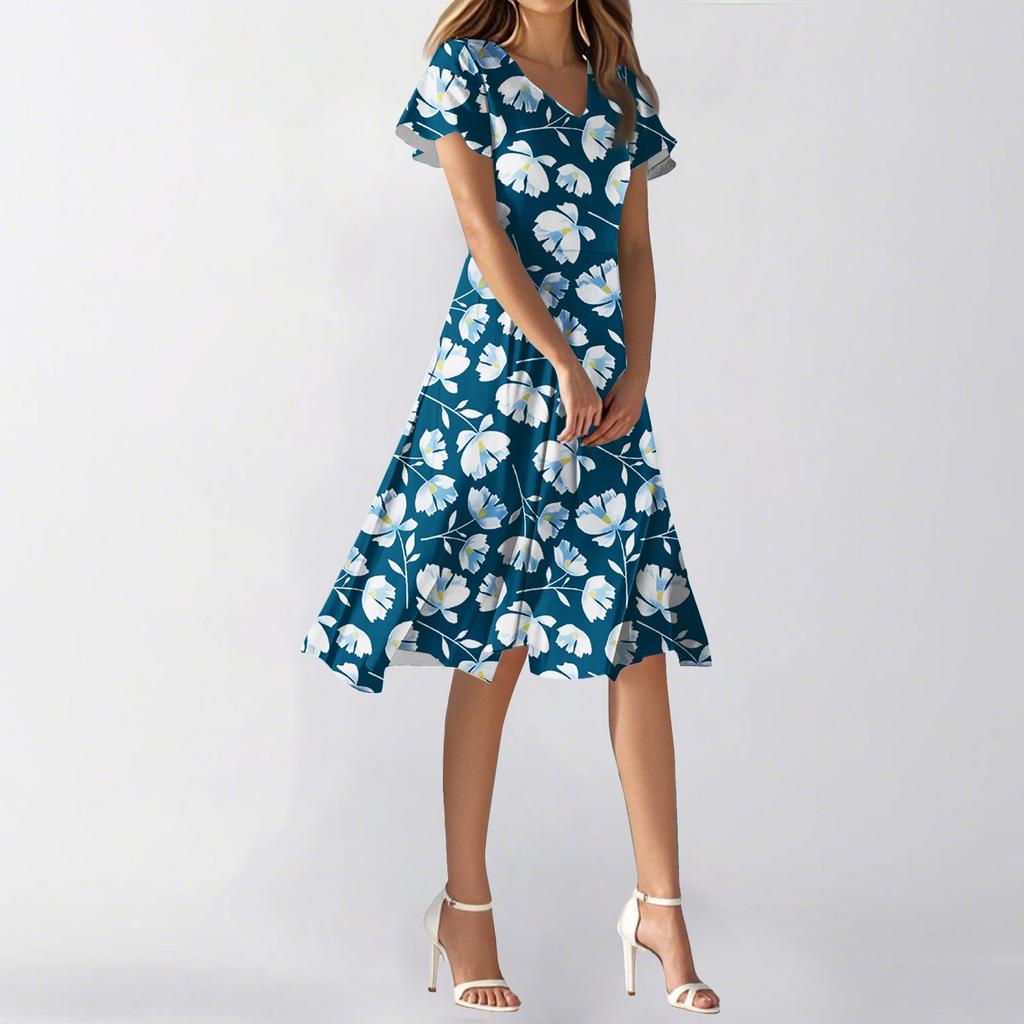 Women's Summer Casual Fashion Flower Print Dress V Neck Short Sleeve Short Skirt