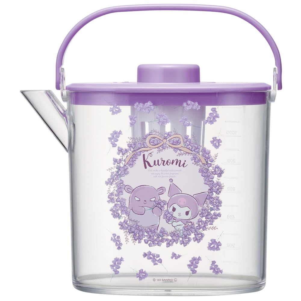 Skater Cold Tea Pot with Can Hold Hot Kuromi Flower Sanrio Design CM10-A Strainer, 1.2L Capacity, Heat-Resistant, Water, Wreath,