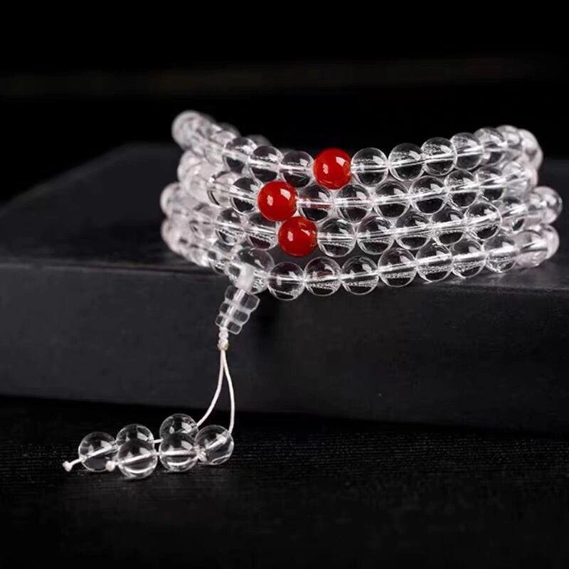 7A Natural White Crystal 108 Mala Beads Necklace & Bracelet - Buddhist Prayer Jewelry , Yoga Meditation Chakra Balancing Gift with Velvet Pouch