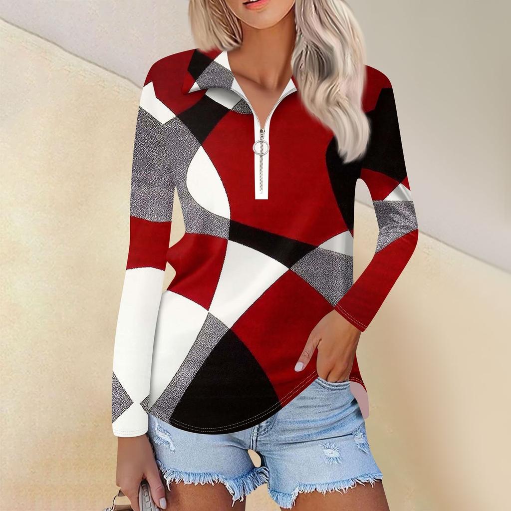 Женская весенняя и модная повседневная рубашка с принтом на молнии с V-образным вырезом и длинным рукавом