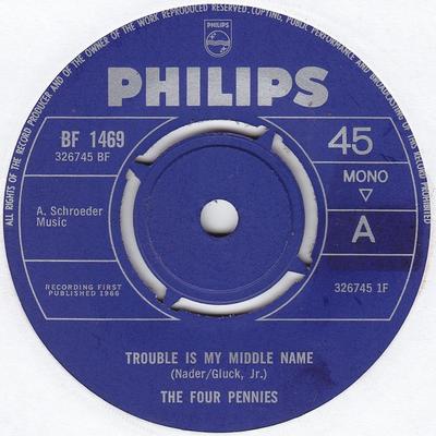 7-дюймовая пластинка FOUR PENNIES - Trouble Is My Middle Name BF1469 Philips 1966 UK Pop Подержанная