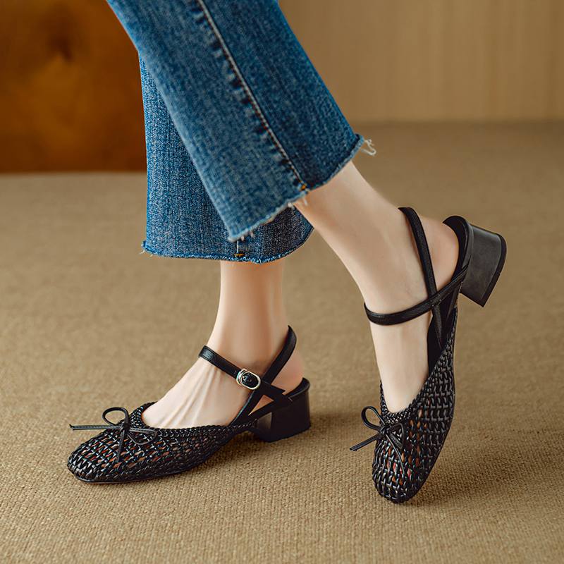 Krazing Pot Микрофибра Плетение Летний Размер 41 Средний Каблук Слингбэк Вечерние Туфли Женские Квадратный Носок Бант Гладиаторские С Вырезами Лодочки