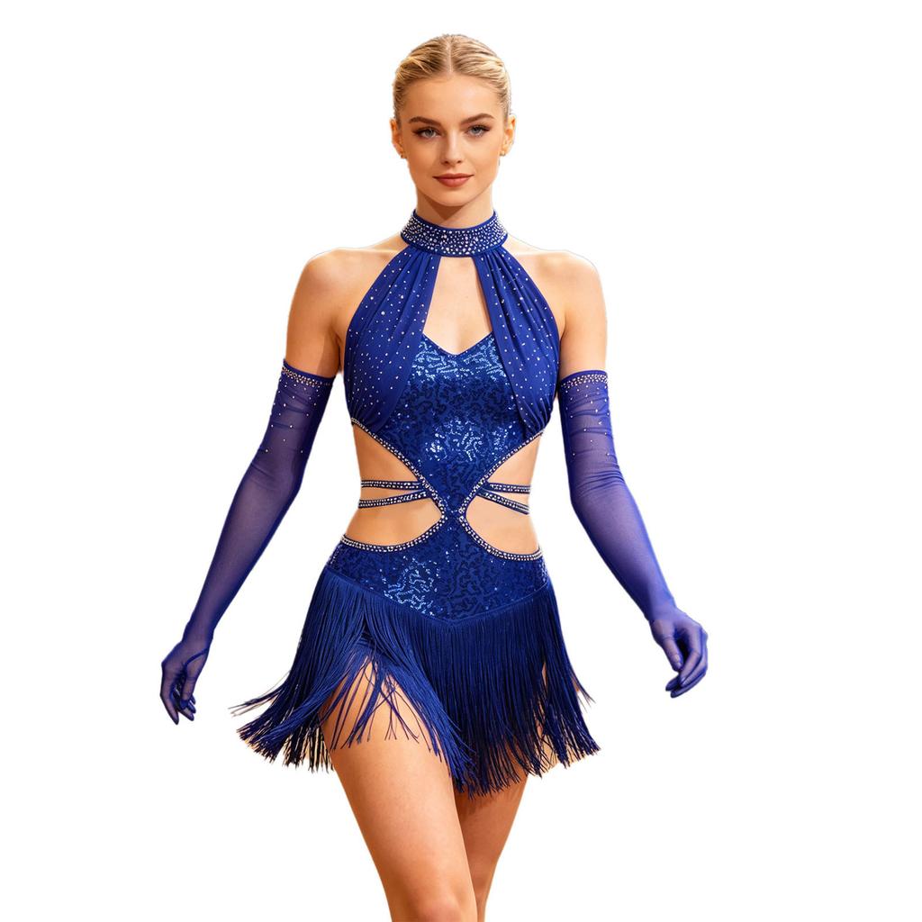 Women Latin Dance Fringed Dress Cutout Sleeveless Strappy Waist Tassel Hem Sequined Dress with Long Gloves